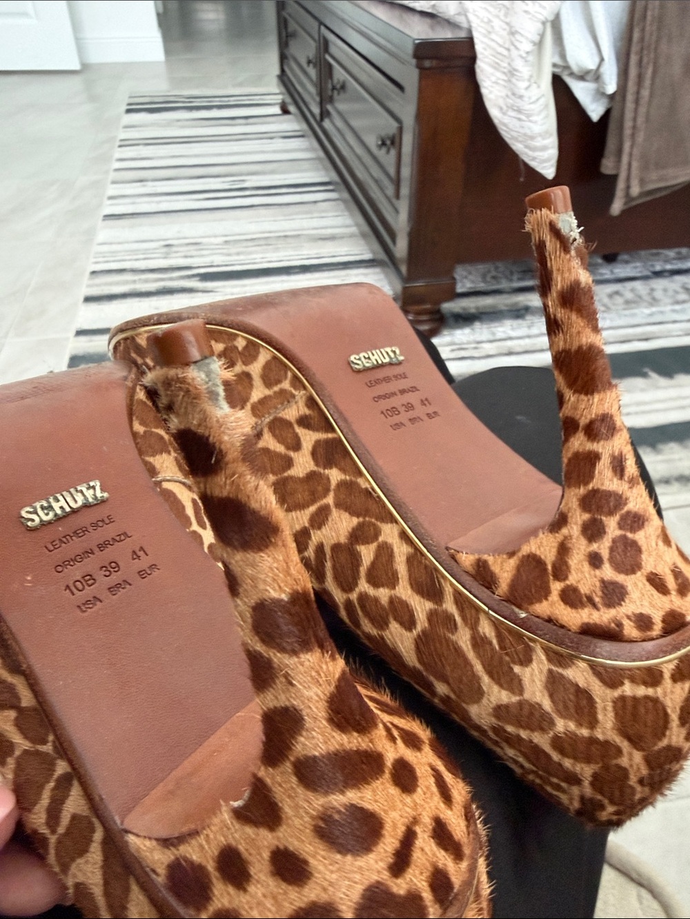 SCHUTZ Hair-Calf Leopard Print Pointed Toe Heels with Gold Trim - Picture 5 of 10